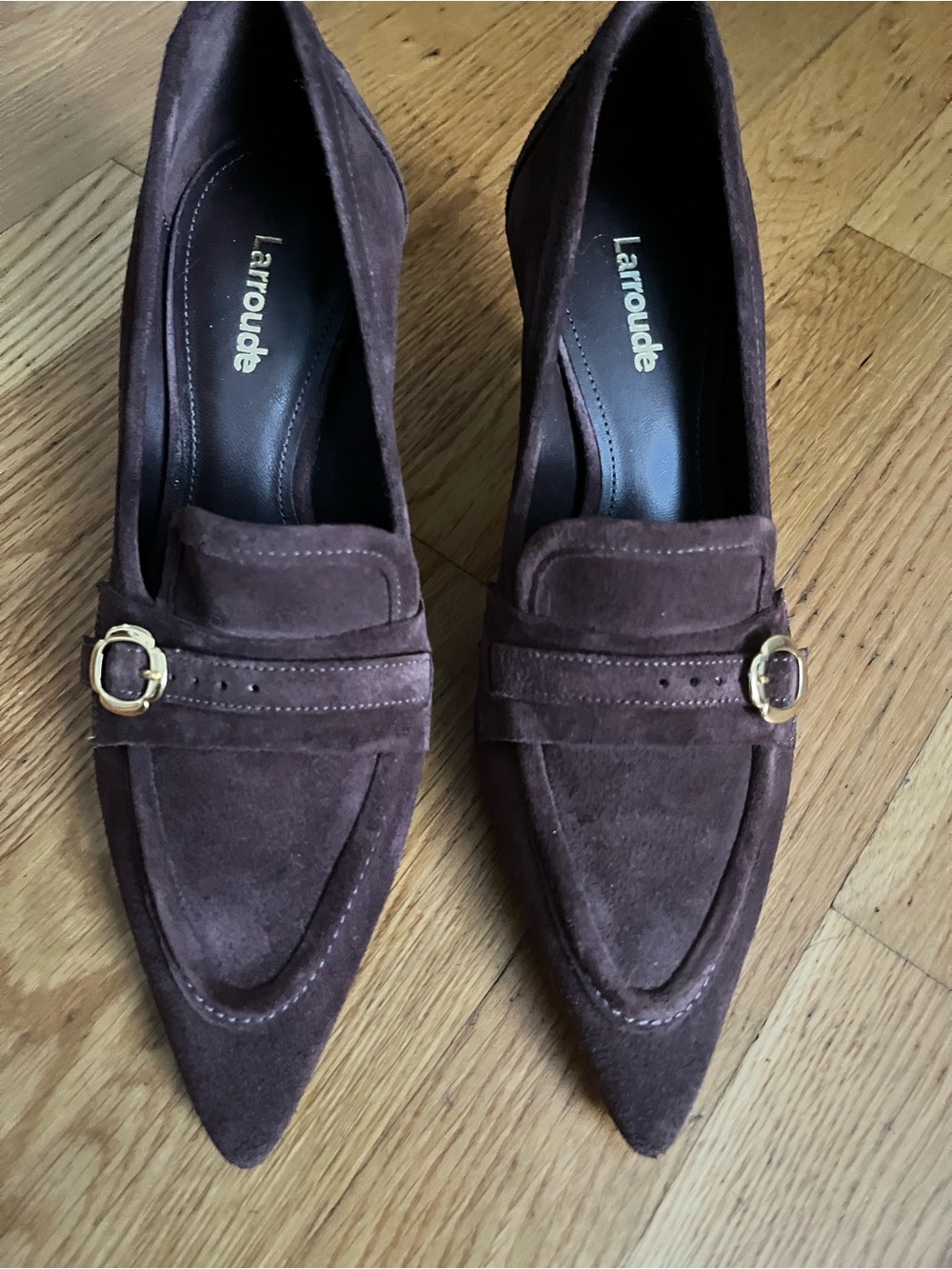 Larroude Dark Brown Suede Pointed Loafers with Gold Buckle